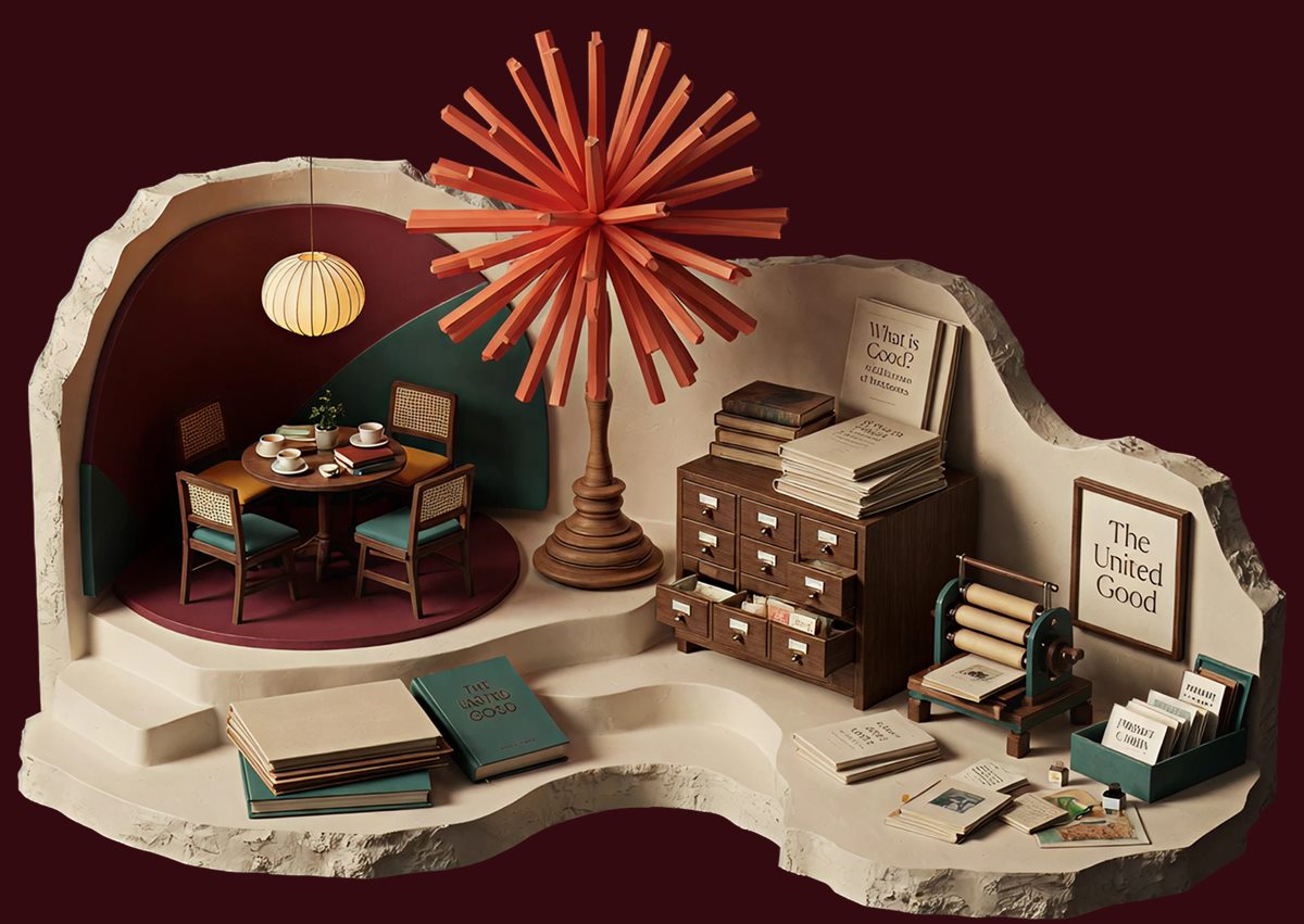 A sculptural diorama of the room, the archive, and the studio of The United Good